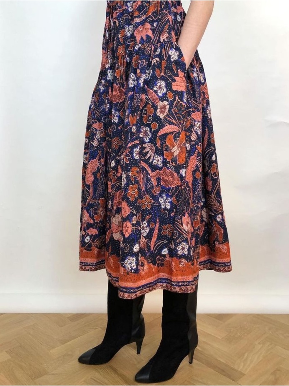 Ulla Johnson Navy and Rust Floral Midi Skirt